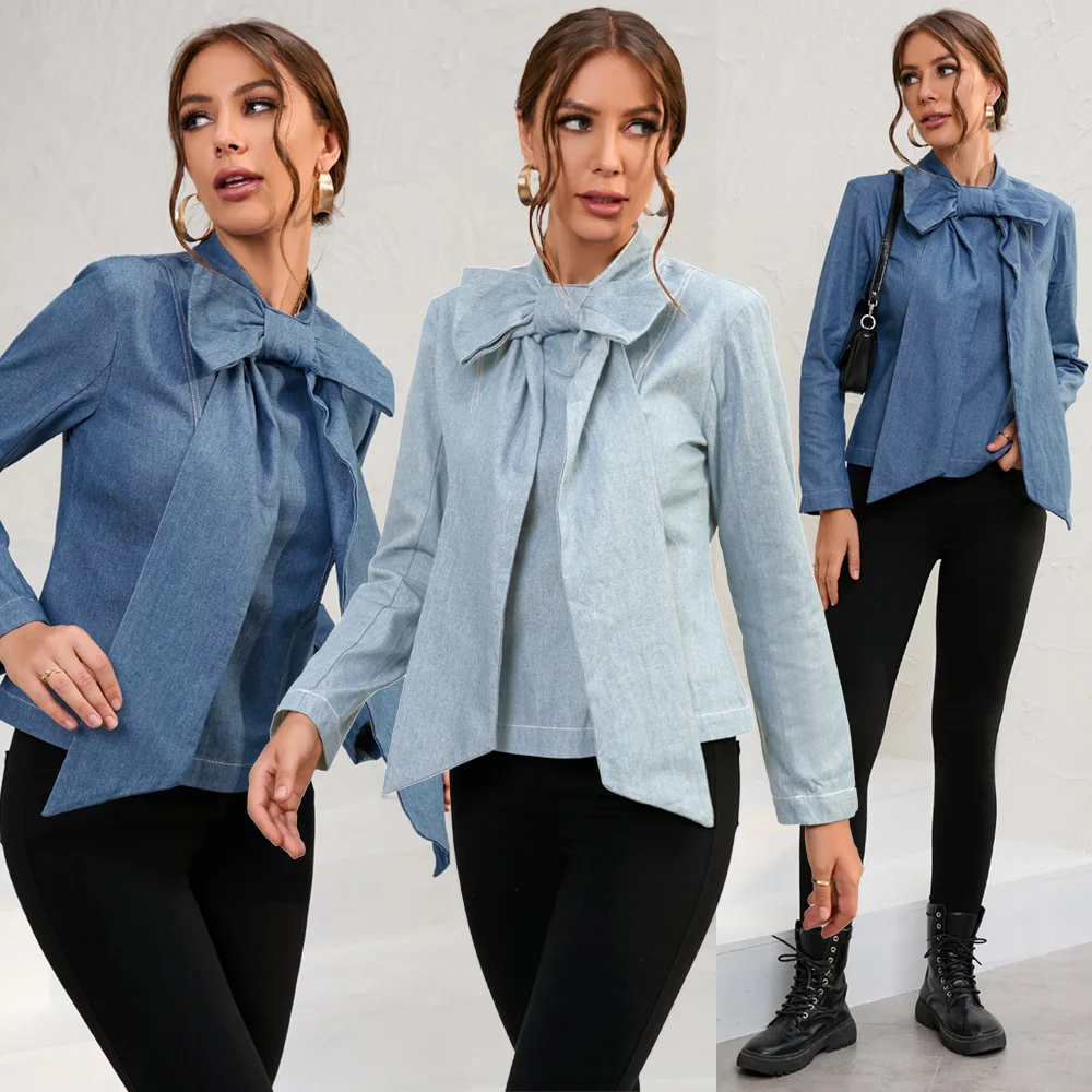 

2022 Autumn and Winter New Bow Short Long-sleeved Denim Jacket Europe and The United States Plus Size Women's Tops