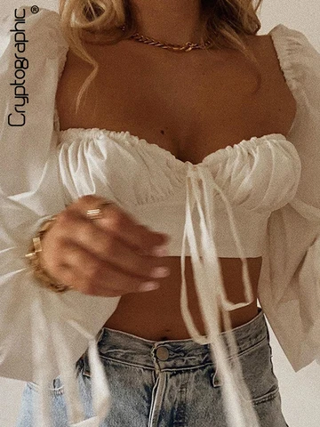 Cryptographic White Balloon Sleeve Elegant Women Top and Blouse Shirts Autumn 2022 Sexy Backless Crop Tops Solid Fashion Blusas