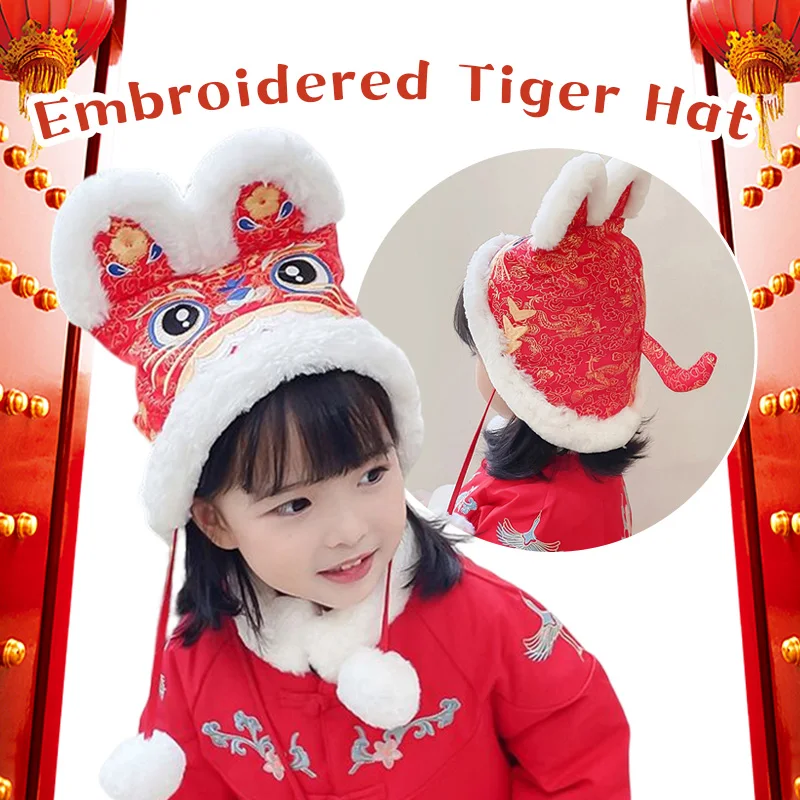 Chinese Style Cartoon Wake-up Lion Hat Tiger Head Shape Hat Parent-child Winter Warm Ear Cap New Year Gift Boys Girls Headgear