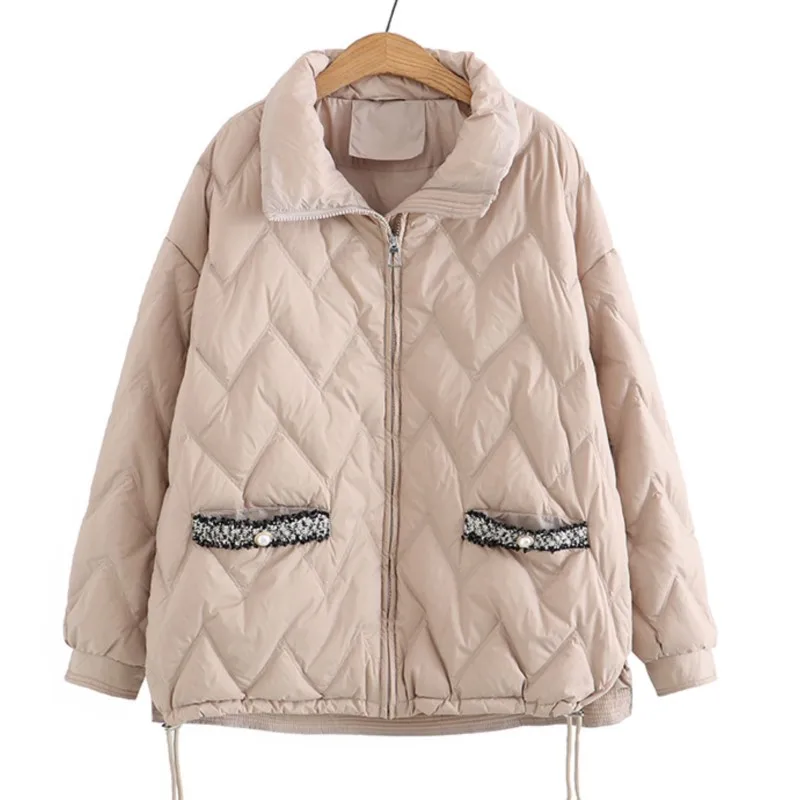 2022 Winter White Duck Down Jacket Plus Size Women Fashion Chic A-Line Outewear Loose Warmth Stand Collar Midi Coat Curves