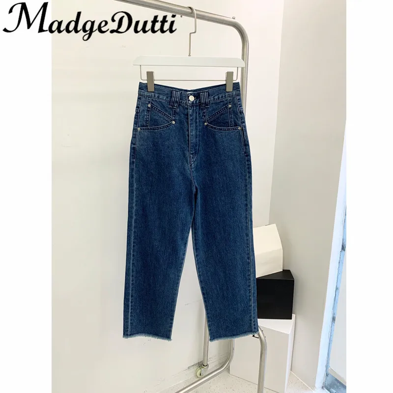 11.27 MadgeDutti Washed Denim High Waist Soft Comfortable Cotton Ankle-Length Jeans Women