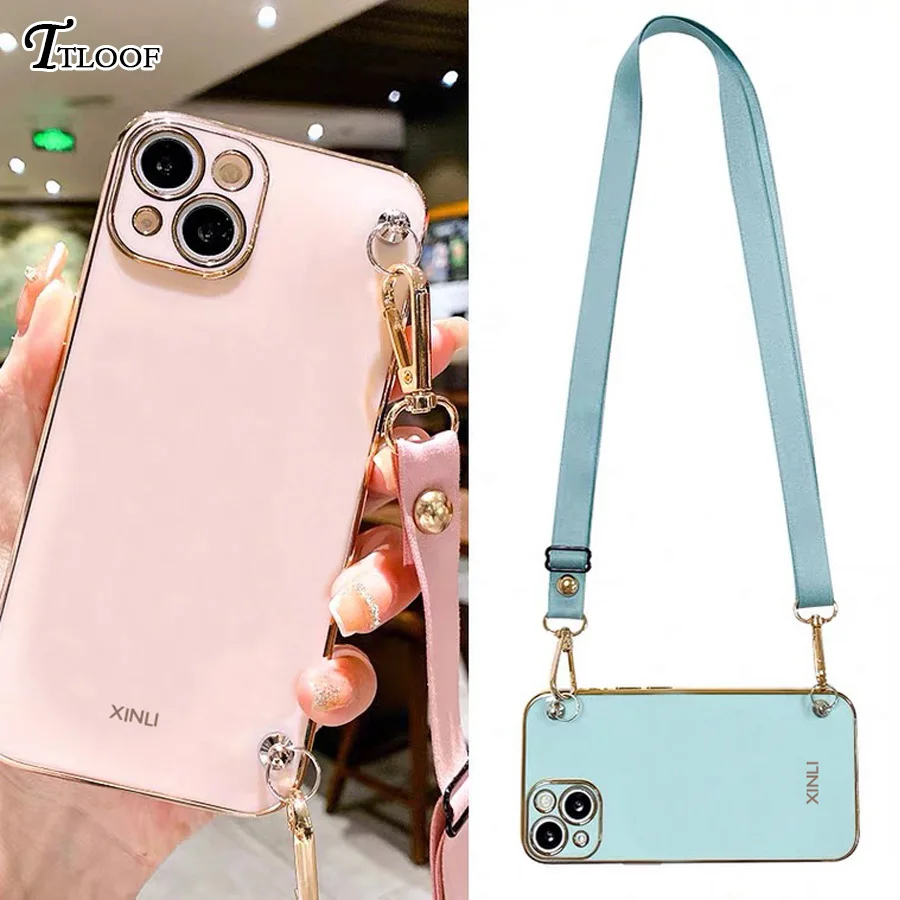 

Plating Bracelets Chain Crossbody Necklace Lanyard Phone Case For iphone 13 11 12 Pro Max X XR XS 6 7 8 pplus SE Silicone Cover