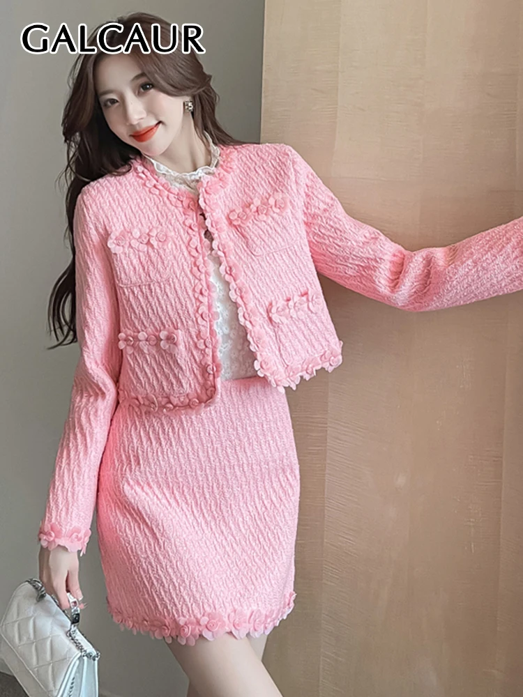 

GALCAUR Solid Two Piece Sets For Women Round Neck Long Sleeve Patchwork Tops High Waist Mini Skirts Slim Set Female Autumn 2022