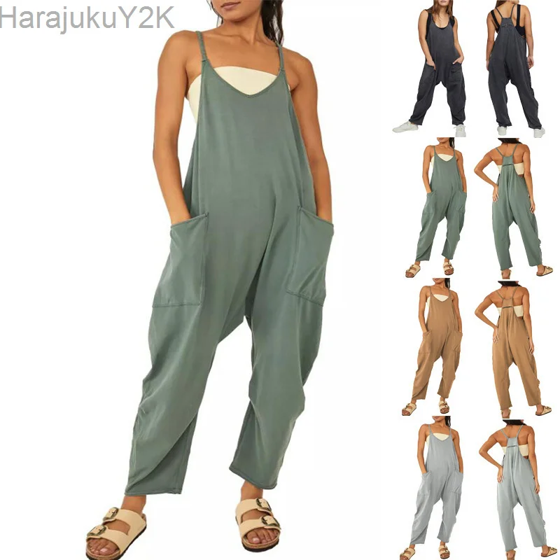 

Harem Jumpsuit Spaghetti Long Camis Pocket Summer Vintage Loose Wide Leg Overall Jumpsuit Playsuits Pocket Bodysuits Women