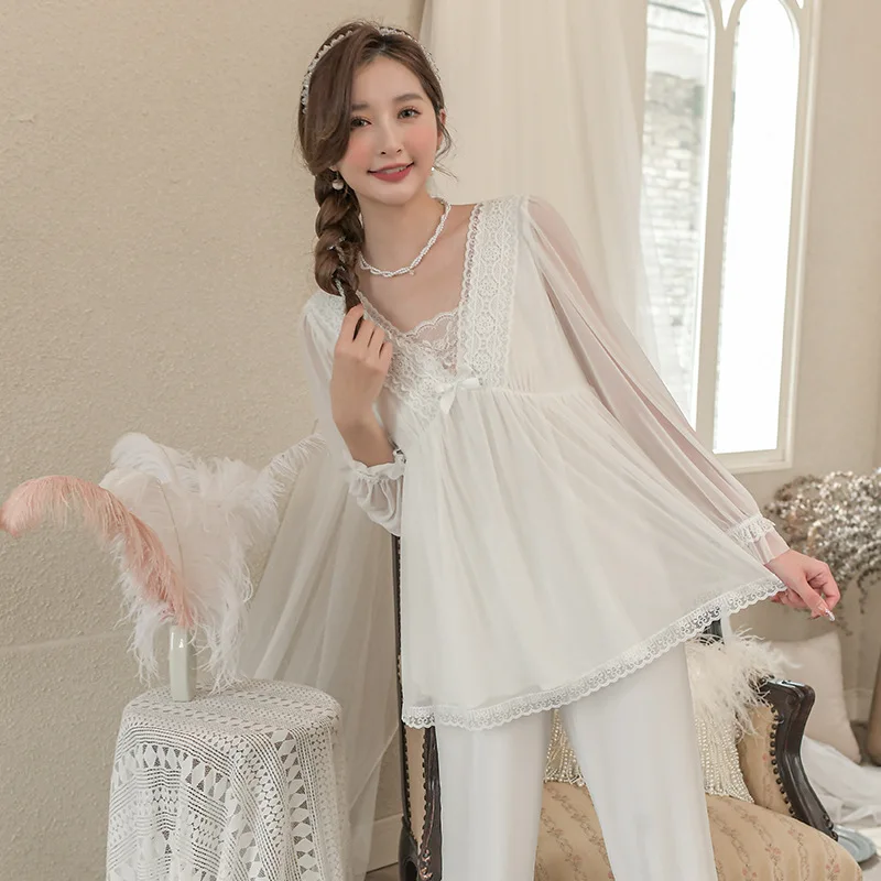 Court Style Pajamas Women's Spring Autumn Lace Home Clothes Princess Style Long Sleeve Mesh Modal 2Pcs Suit Lady Sleepwear