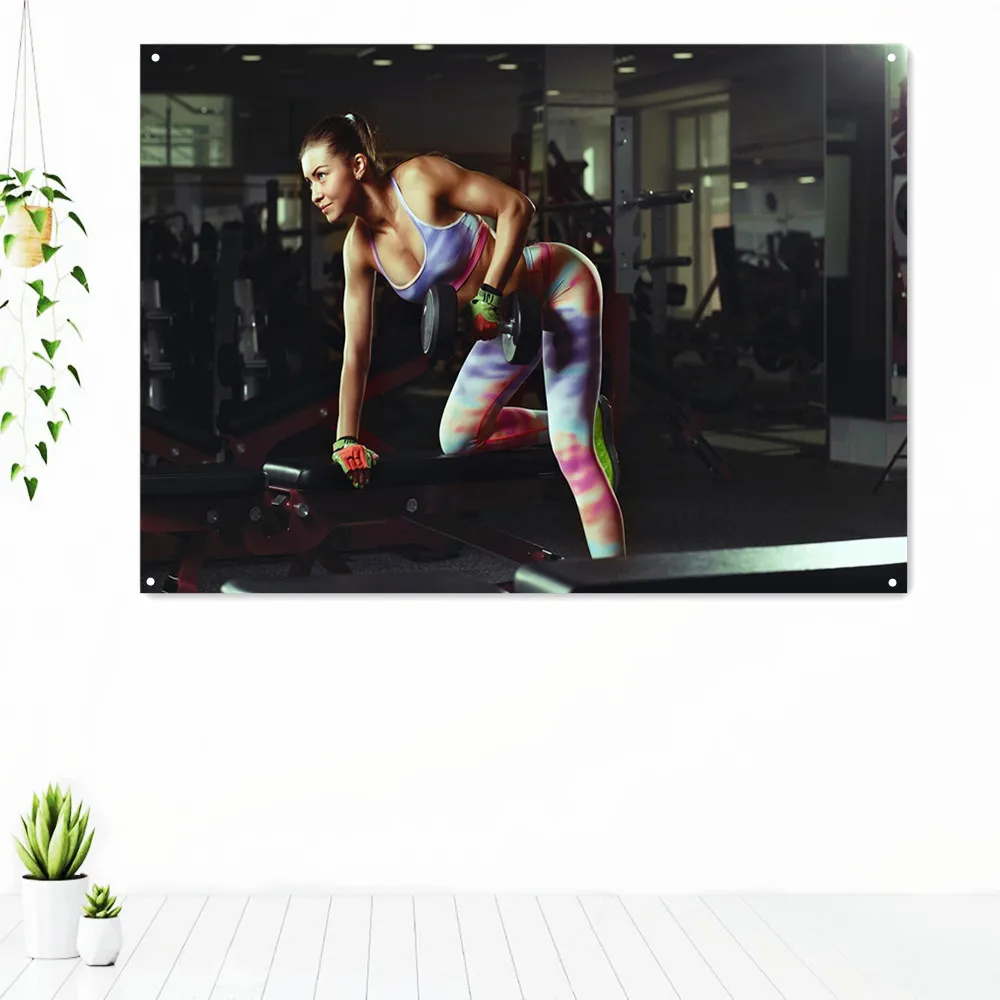 

Female fitness training with dumbbells Sports Exercise Tapestry Wall Art Gym Decor Workout Motivation Poster Banner Flag Mural