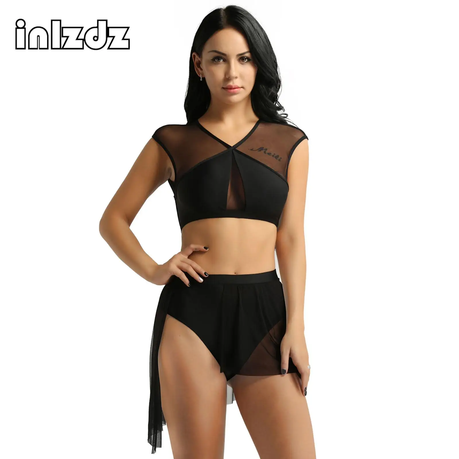 

Womens Ballet Tutu Dress Asymmetrical Contemporary Lyrical Dance Costumes Set Mesh Splice Crop Top with Leotard Skirt Set