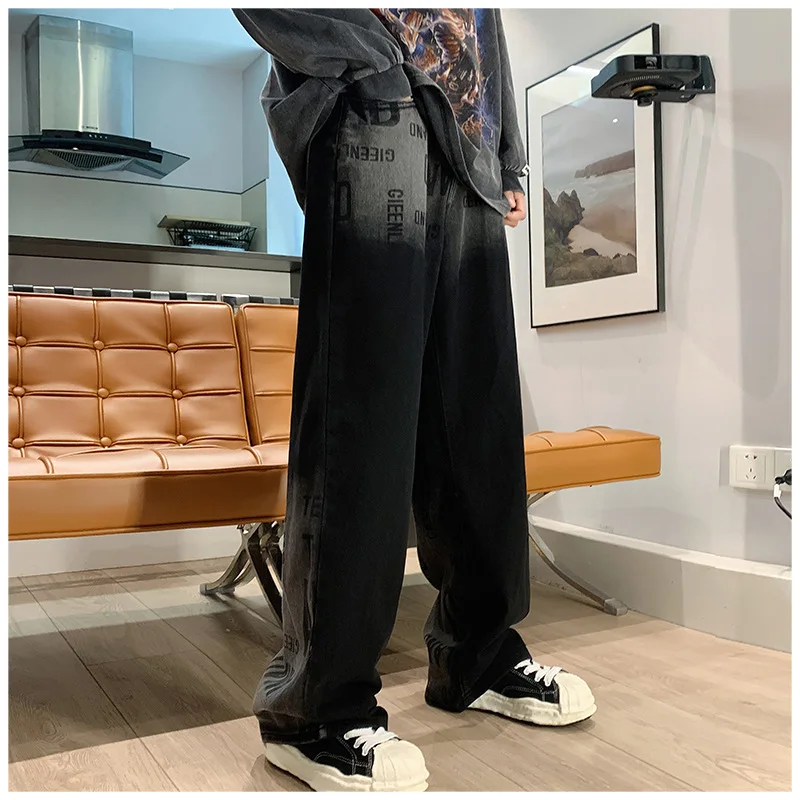 DEEPTOWN Vintage Letter Jeans for Men Hip Hop Straight Denim Pants Man Loose Casual Trousers Male Streetwear Clothes Oversize