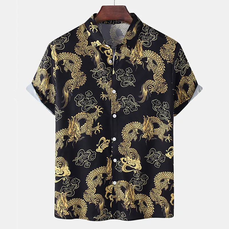 

2022 New Mens Vintage Dragon Printed Shirts Fashion Men Short Sleeve Hawaii Shirt Turn-down Collar Button Up Shirt Chemise Homme
