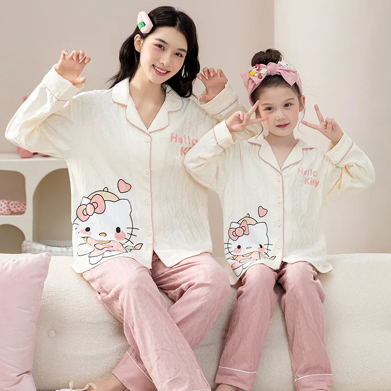 

Kawaii Sanrio Hello Kitty Kuromi New Cartoon Mother Daughter Cotton Pajamas Cute Princess Style Children's Long-Sleeved Suit