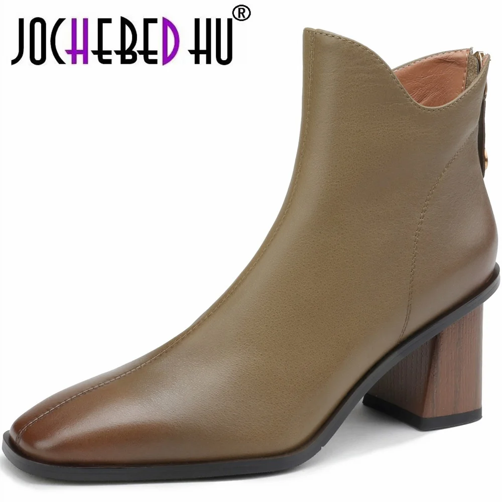 

【JOCHEBED HU】Women Ankle Boots Zipper High Heel Genuine Leather Handmade Mid-Calf Boot Female Autumn Winter Size 33-40