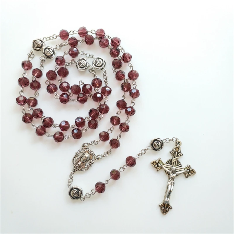 

8mm Beaded Necklace Catholic Rosary Prayer Necklace Blessing Rosary Prayer Necklace Purple Crystal Beads for Women Girl