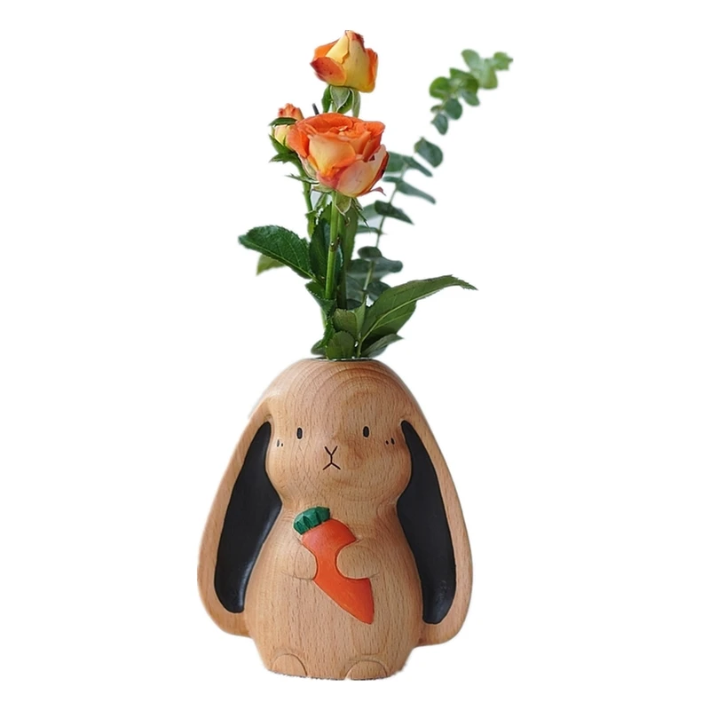 Creative rabbit solid wood dried flower vase ornaments hydroponic arrangement desktop bunny decoration