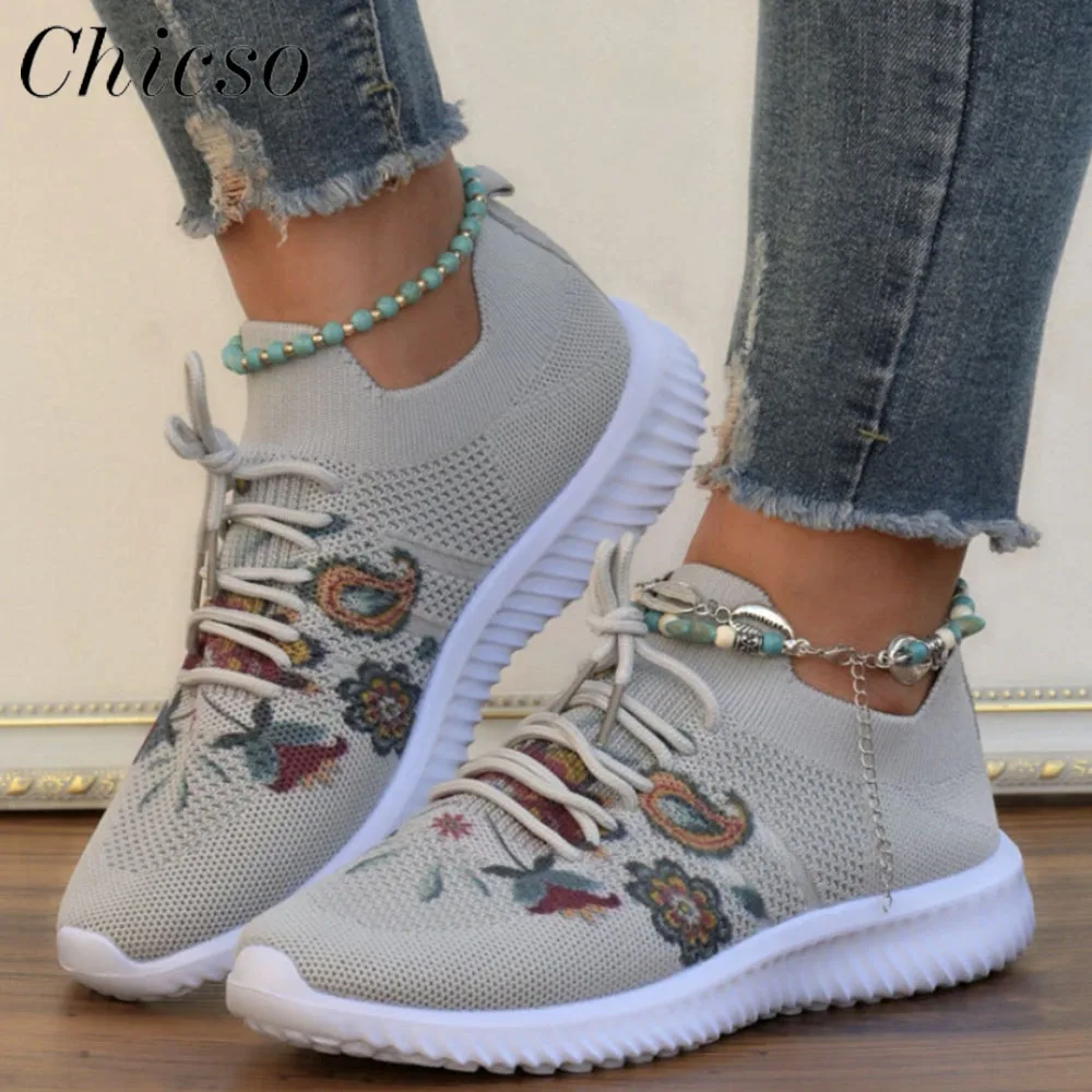 

Large-Sized Flats Women Flower Cartoon 3D Printing 2022 Autumn New Knitted Fabric Breathable Sneakers Outdoor Running Sport Shoe
