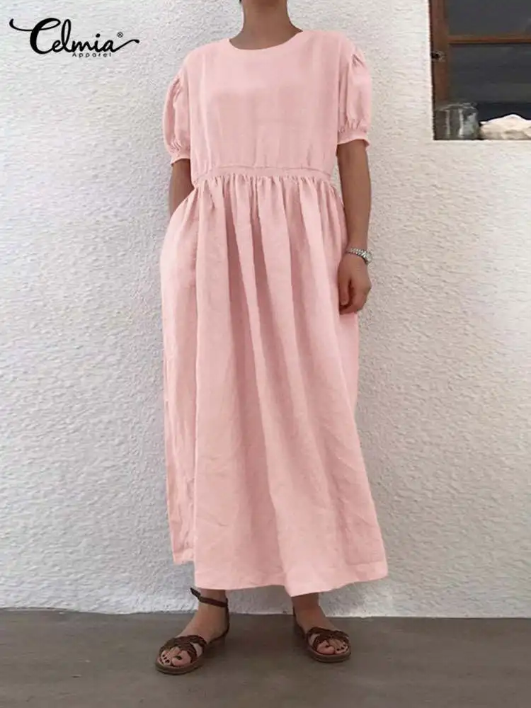 

Celmia 2022 Vintage Casual Loose Long Robes Short Puff Sleeve Women Holiday A-line Smock Dresses Summer Round Neck Maxi Dress
