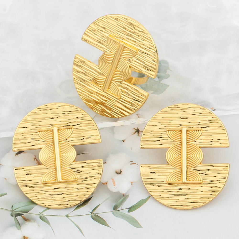 

Dubai Gold Color Earrings Adjustable Large Ring for Women Irregular African Earrings Lady Elegant Exquisite Wedding Jewelry Set