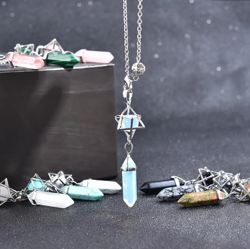 

1PC Hexagonal Column Quartz Necklaces turquoises Pink Crystal pendent Necklace For Women Chain Natural Stone Choker F1727