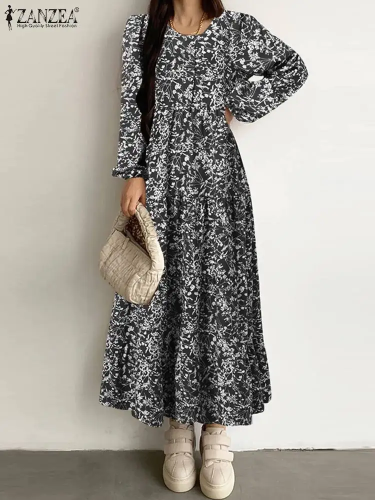 

Платье ZANZEA женское с цветочным принтом, повседневное Свободное длинное Плиссированное Платье макси с круглым вырезом и длинными рукавами-ф...
