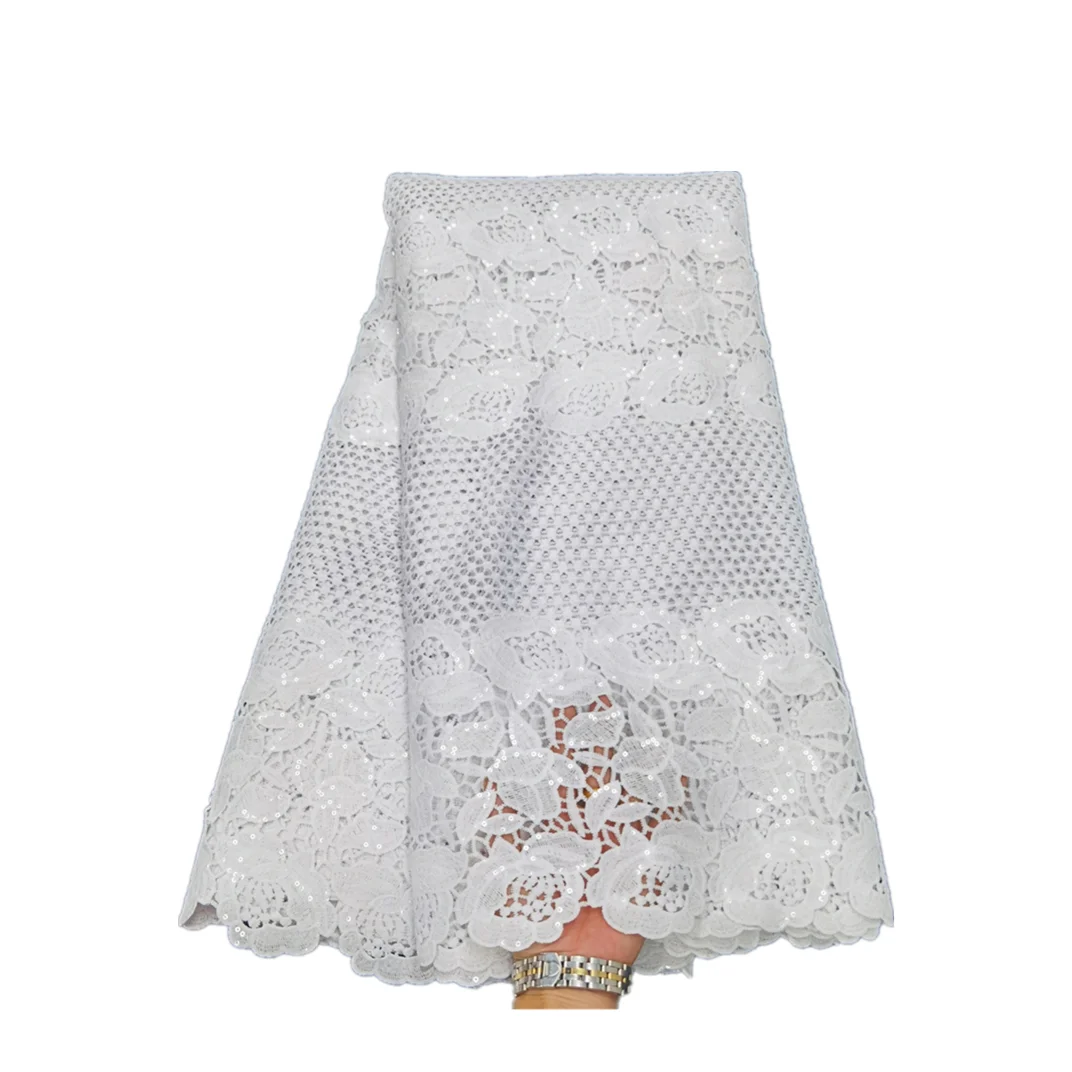 

Pure White African Guipure Lace Fabric By The Yard Wedding Lace Nigerian Cord Lace Fabric for Bridal Dress XQXG01