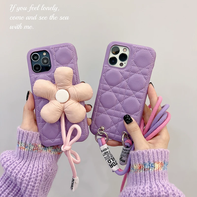 

Flower Lanyard Phone Case for IPhone 13 Pro Max Lanyard Phone Case Protection Cover for IPhone 12 11 Pro Max Car Line Purple