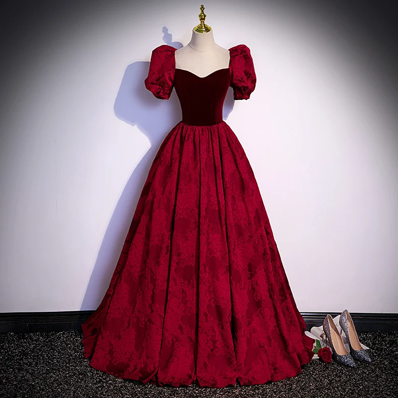

Evening Dress Sweetheart Collar Short Puff Sleeves Burgundy Velour Satin Lace up Pleat Floor Length Plus Party Dresses B2316