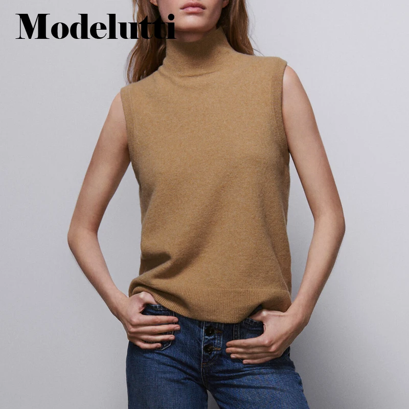 

Modelutti 2022 New Spring Autumn Fashion Stand Neck Sleeveless Vest Knitted Sweater Women Inside Solid Color Simple Tops Female