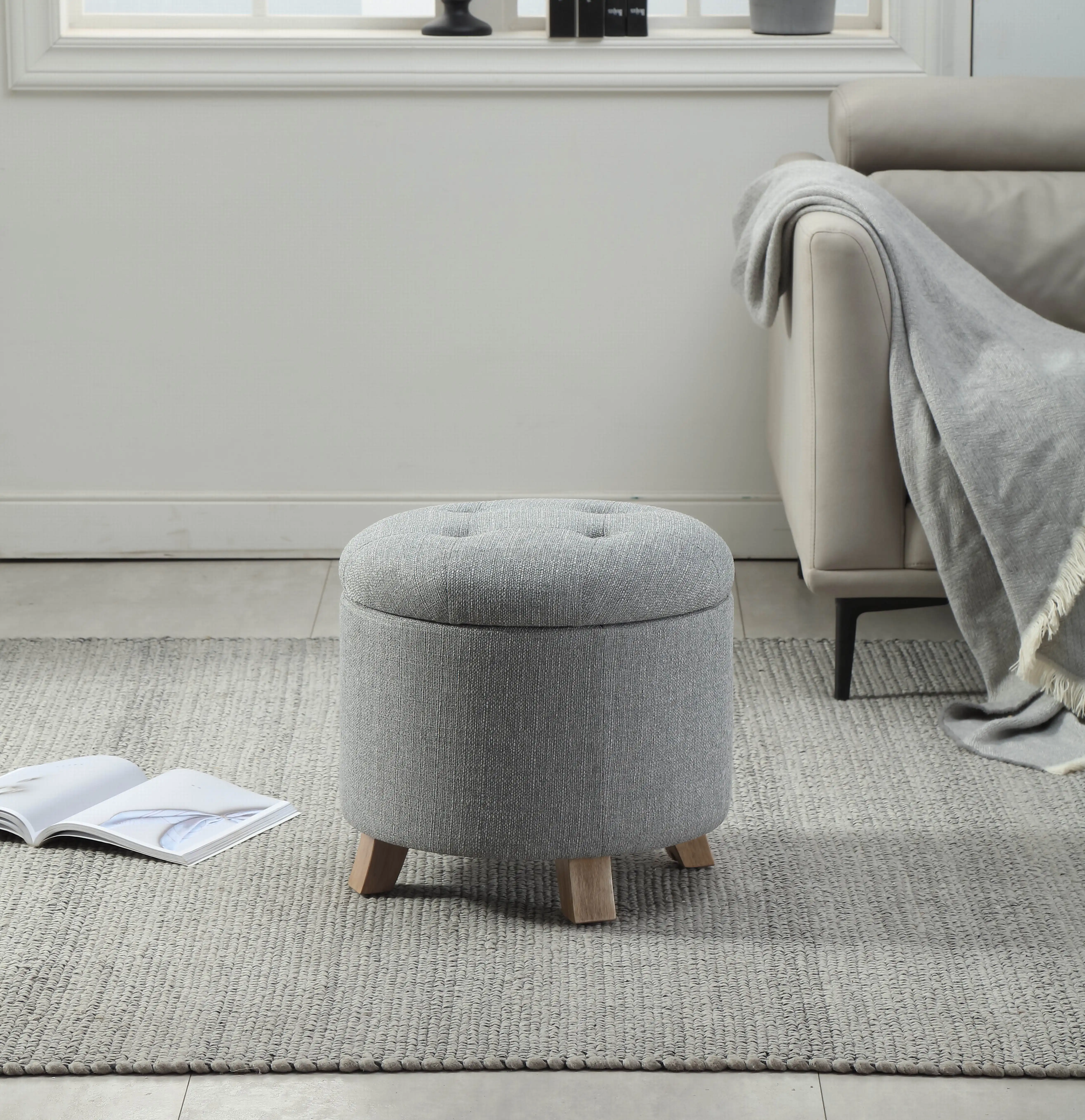 

Better Homes & Gardens Round Tufted Storage Ottoman, Gray Faux Linen