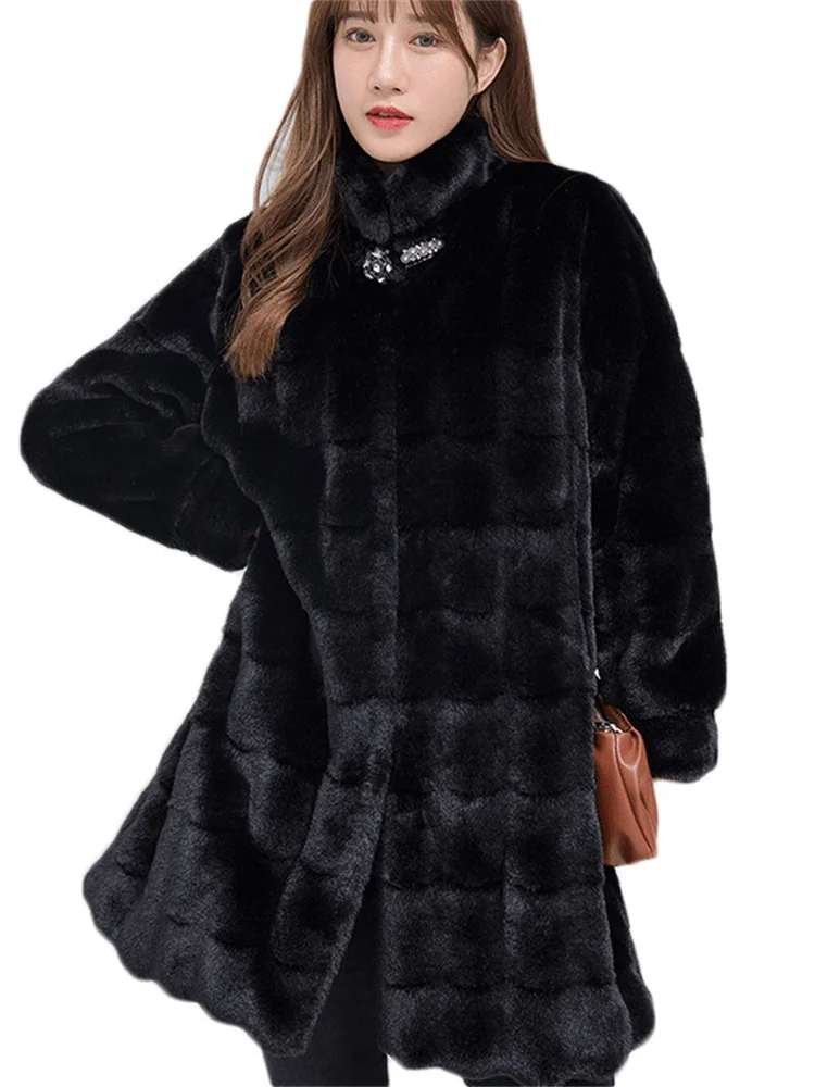 Fur Coat Women Long Stand Collar Winter Jacket Korean Diamonds Imitation Mink Fur Coats Female Long Sleeve Thick Warmth Clothing