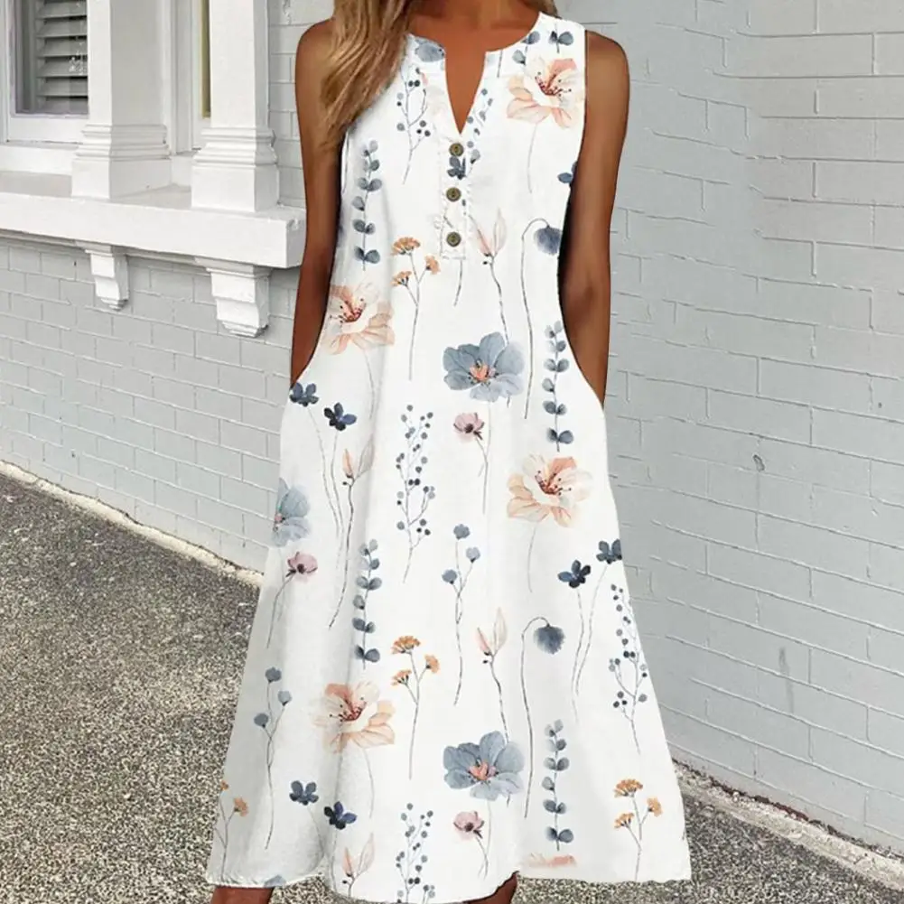 

Charming Holiday Dress Mid-calf Length Summer Printing A-Line Midi Dress Buttons Half Placket Comfy Midi Dress Streetwear