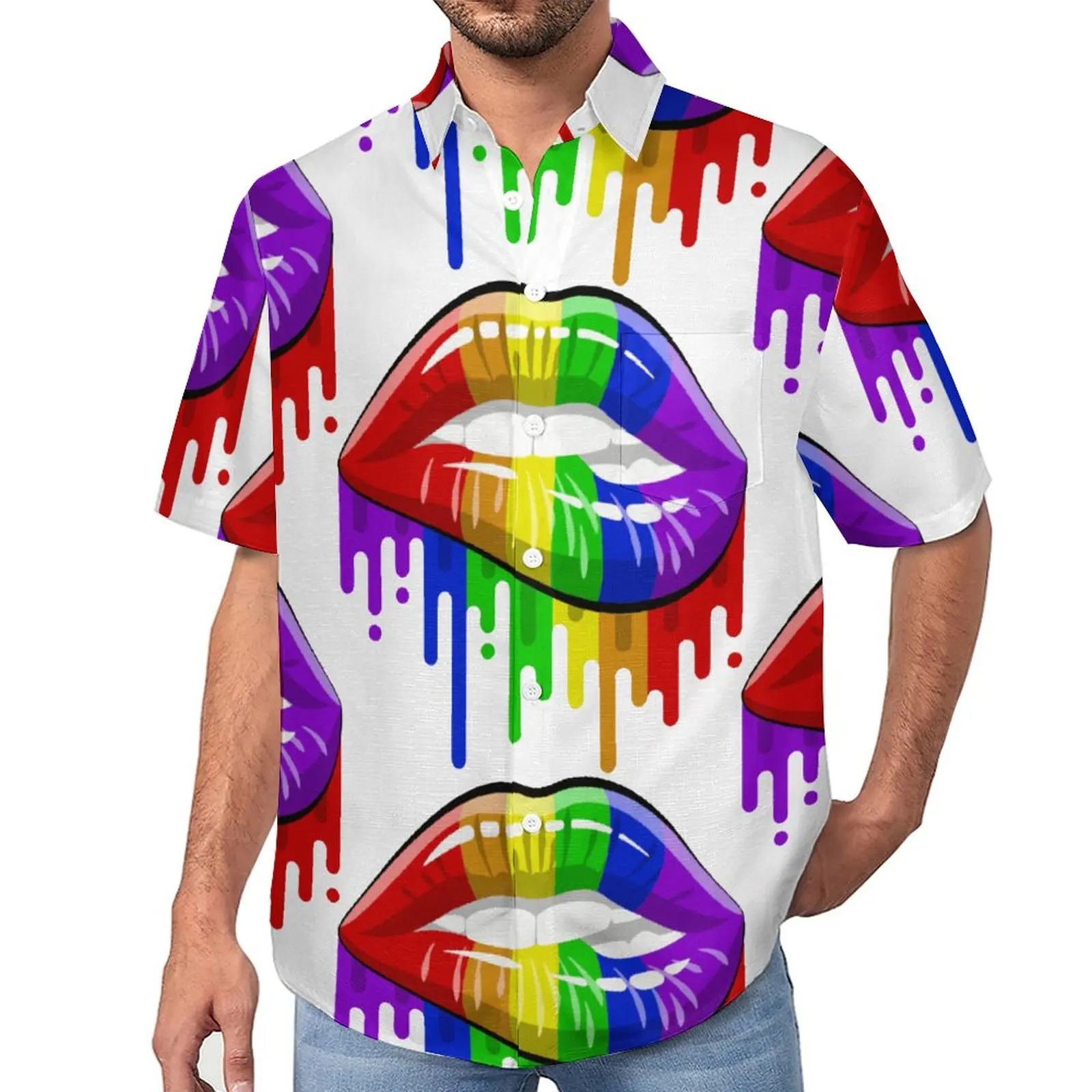 

LGBT Lips in Rainbow Flag Colours Loose Shirt Men Beach Pride Casual Shirts Hawaii Print Short Sleeve Trending Oversized Blouses