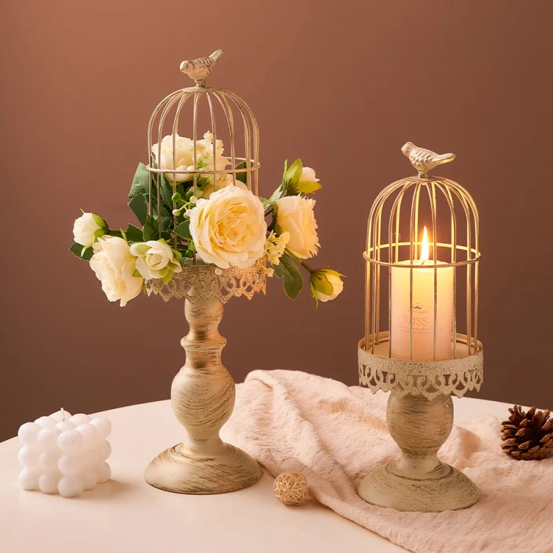 

European iron art creative white retro bird cage carved candle candlelight dinner Europe and the United States retro wind photo