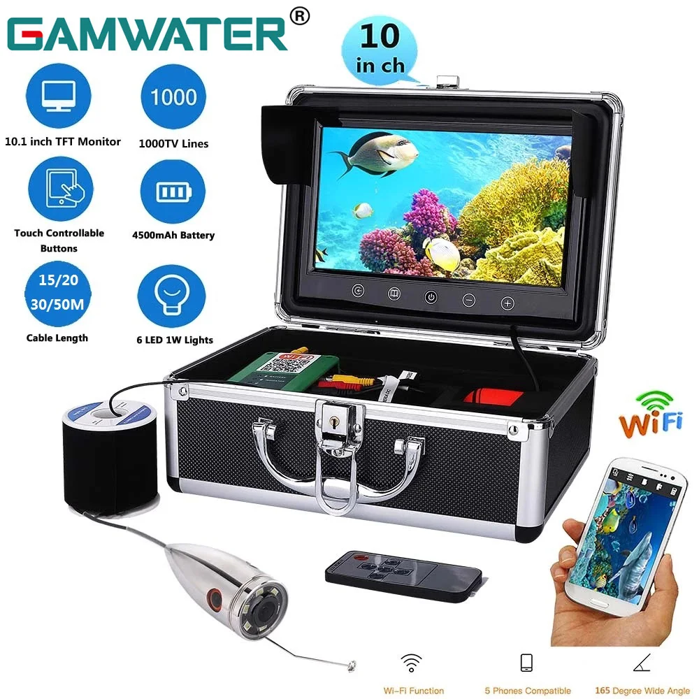Беспроводная видеокамера для подводной рыбалки 10 дюймов Wi-Fi 720P 1000TVL 15 м/20 м/30 м/50 м
