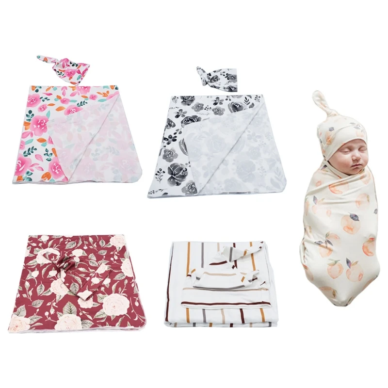 

Newborn Swaddle Wrap Hat Set Baby Pure Cotton Floral Printing Receiving Blanket Beanie for Infants Boys Girls Shower Gifts