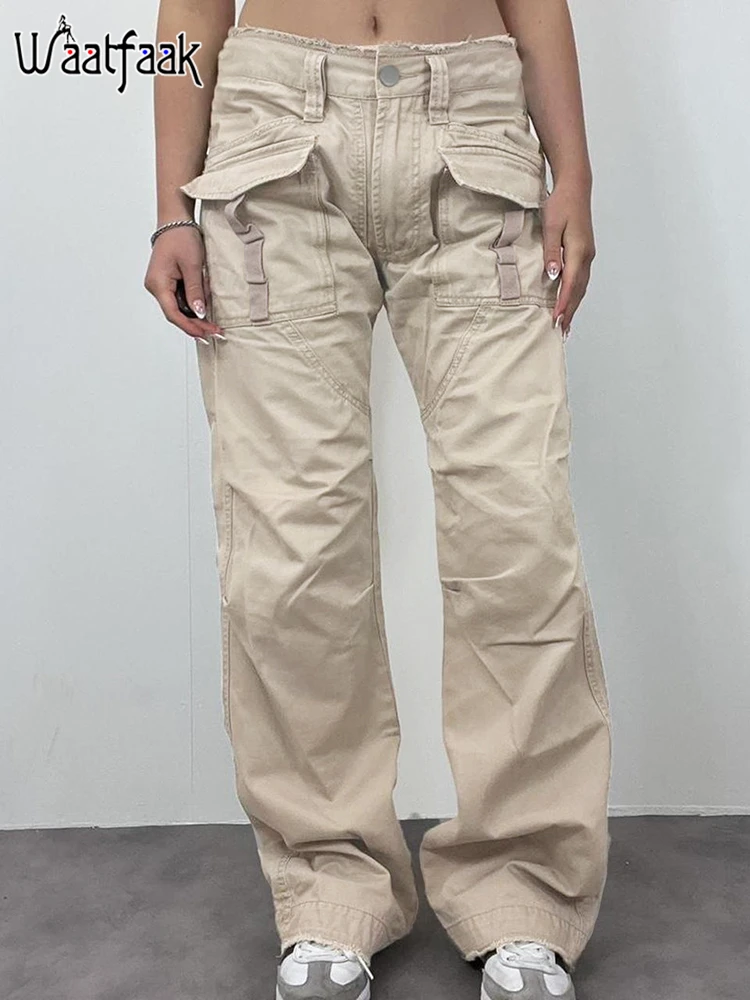 

Waatfaak Khaki Pockets Y2K Parachute Jeans Baggy Denim Pockets Streetwear Cargo Jeans Women Low Waist Vintage 90S Hip Hop Pants