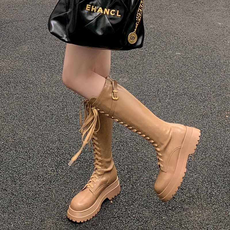 

YPP 2022Winter Thick High Heels Shoes Zipper Knee High Knight Boots New Lace-up Narrow Band Genuine Leather Women Boots