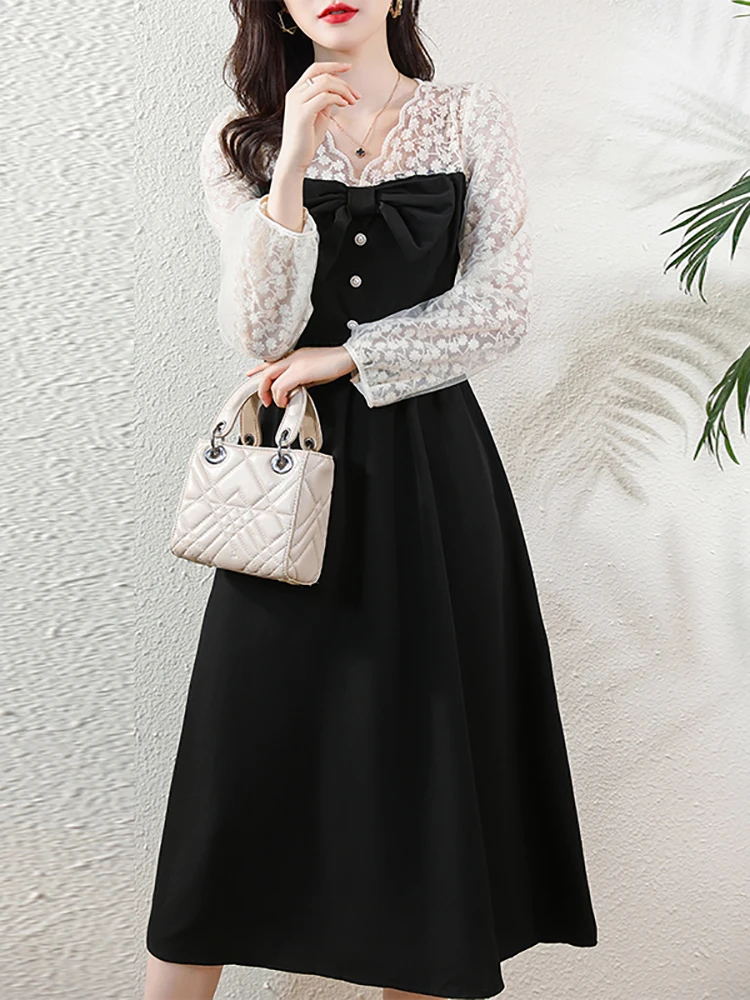 

2023 Black Patchwork Lace Hook Flower Hollow V-Neck Midi Dress Women Chic Luxury Dresses Spring Autumn Korean Elegant Sexy Dress