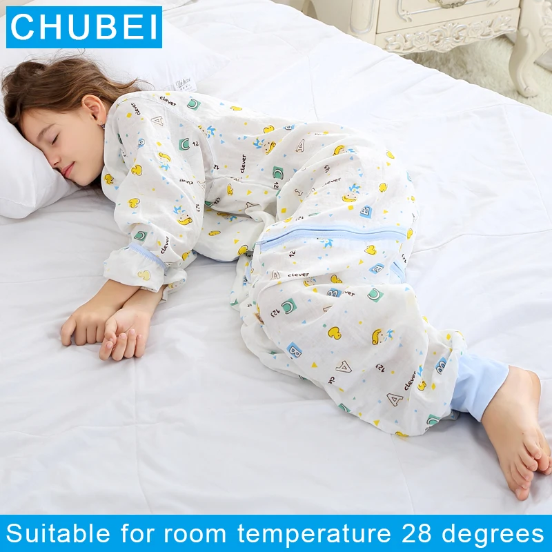 Summer Cartoon Baby Gauze Split Leg Sleepsack Warm Thick Cloth Jumpsuit Sleeping Bags Temperature 27℃