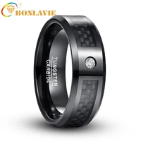 bonlavie 8mm tungsten carbide ring black polishing round zircon black carbon fiber ring engagement wedding rings for men