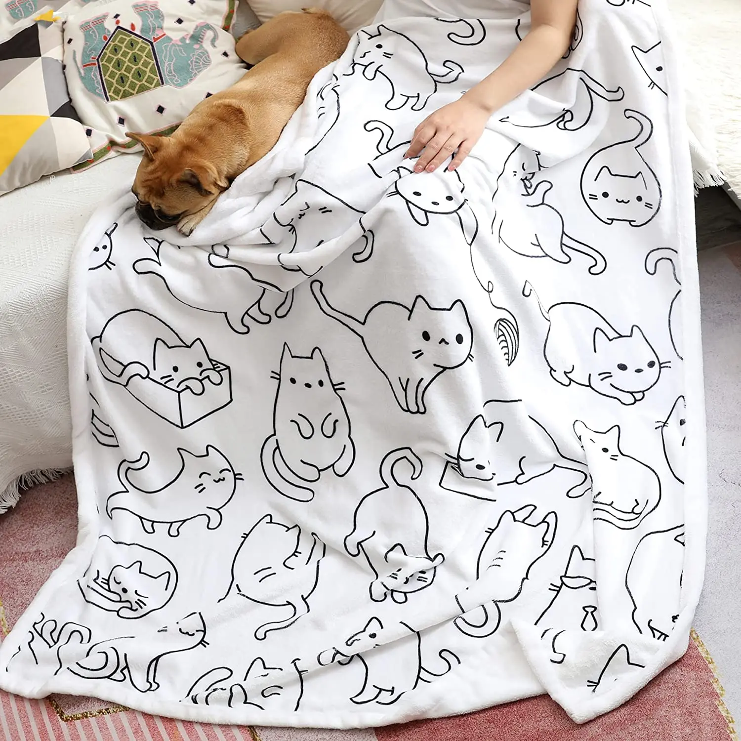 Cat Throw Blanket Cute Animals Pet Pattern Sherpa Blanket for Bed Couch Chair Kawaii Cat Lover Gifts Soft Warm Cozy Fuzzy Throw