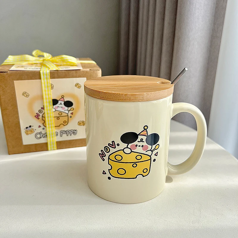 

Cute Cheese Dog Mugs Coffee Cup With Handle Lid Ceramic Kawaii 300ml Tea Beer Water Milk Original Breakfast Cups Drinkware Gift