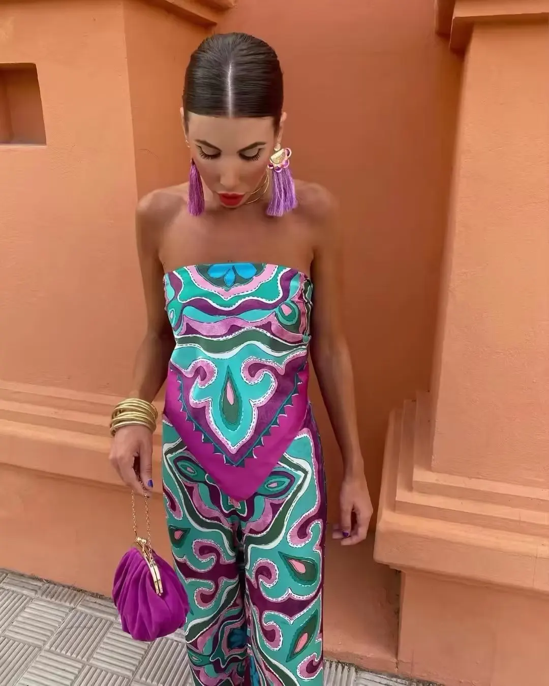 

Женский брючный костюм с принтом, повседневный летний костюм из блузки и брюк с поясом на завязках и прямых длинных брюк, 2023