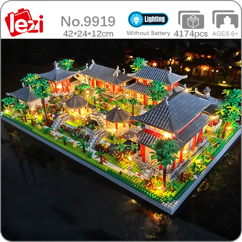 

Lezi 9919 Architecture Ancient Pavilion Temple Lake Garden Light DIY Mini Diamond Blocks Bricks Building Toy for Children no Box