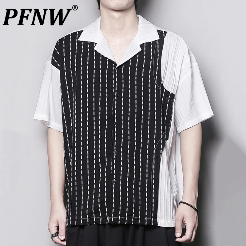 

PFNW Summer New Men's Short Sleeve Fashion Shirts Color Contrast Irregular Spliced Casual Handsome Daily Street Y2k Tops 28A3079