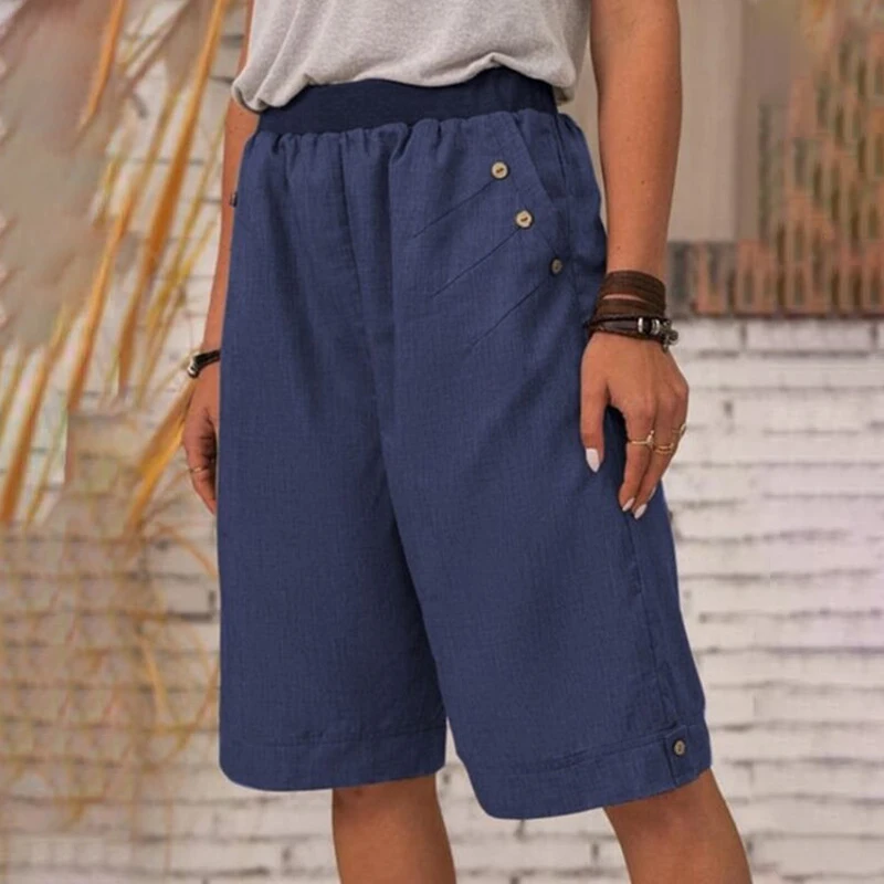 Women Elastic Waist Shorts Pants Button Chic Half Capris Trousers Summer Beach Travel Grunge Pants Lady Half Straight Pants