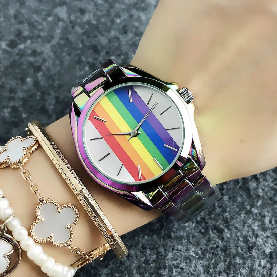 Brand Wrist Watches Women Girl Ladies Rainbow Style Quartz Casual Steel Metal Band Clock m99