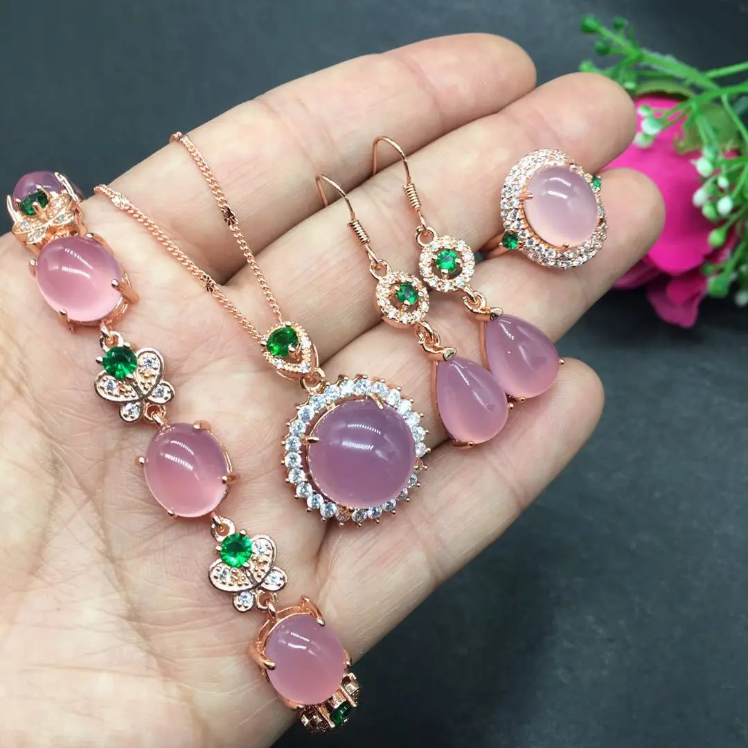 

95 silver inlaid pink chalcedony three-piece set agate chalcedony necklace pendant ring earrings bracelet ladies jewelry