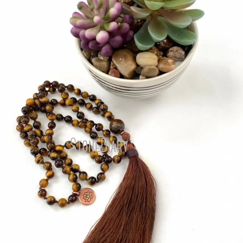 

MN42445 улучшение личной мощности Mala Beads заземление Mala Necklace тигровый глаз 108 шарик мала бусины в стиле Ги йоги кисточка ожерелье