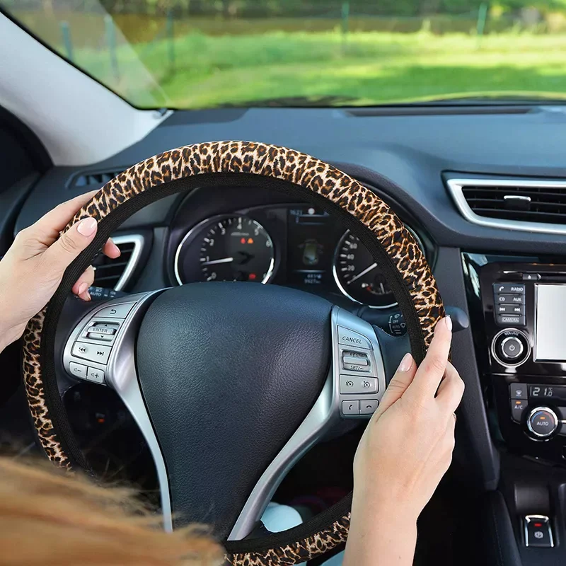 

Women Inner Automotive Decor Universal Leopard Print Car Steering Wheel Cover Breathable Non Slip Car Fabric Cover For Focus