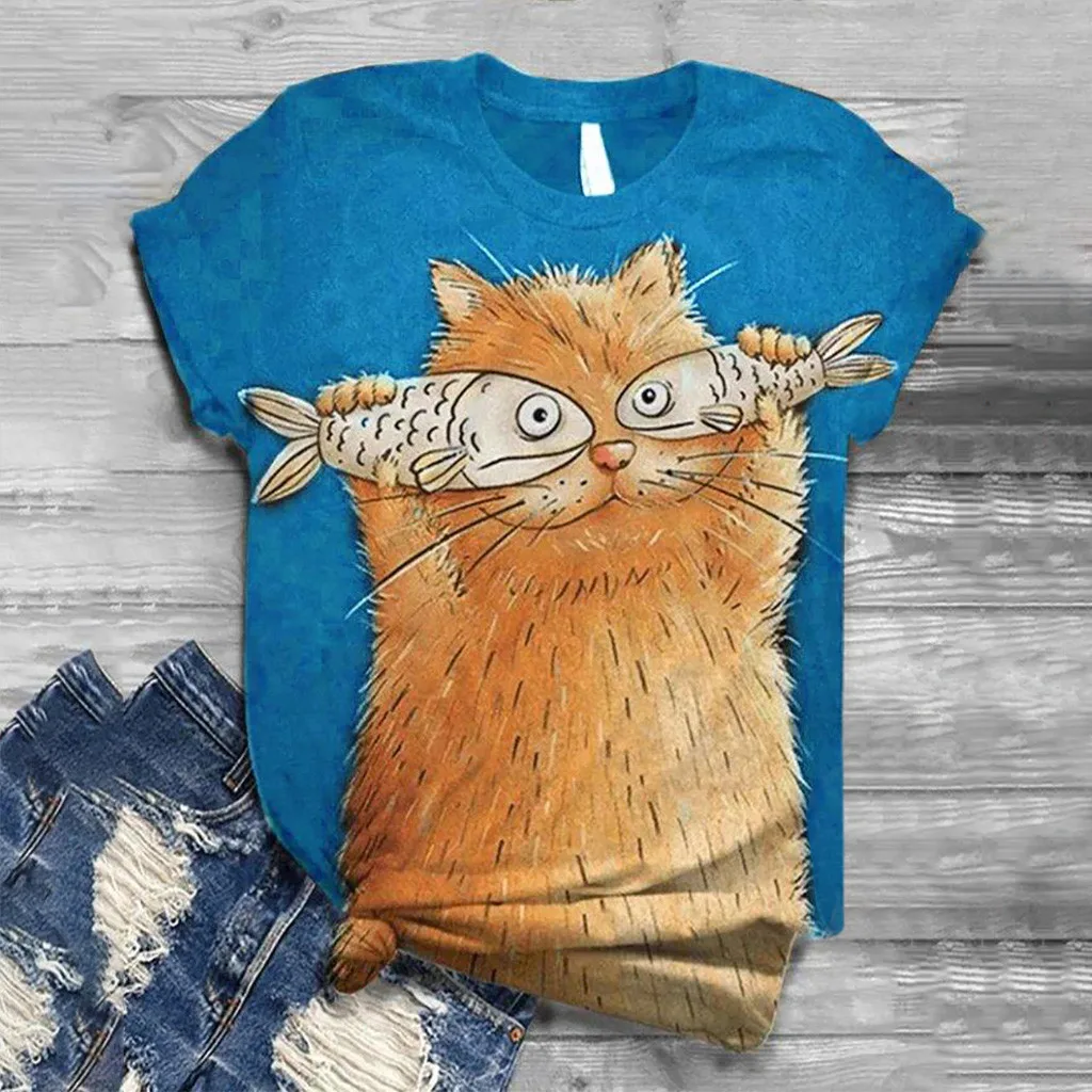 

Tops T-Shirt Tee Sleeve O-Neck 3D Women Printed Blouse Size Animal Short Thin Wrap Womens T Shirt Dress Women Graphic