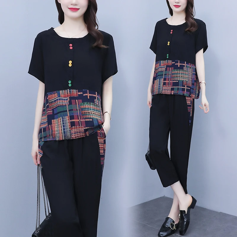 

2 Piece Set Women Summer Casual Suits New 2022 Fashion Elegant Vintage Style Loose Comfortable Female Plaid Tops And Pants chic